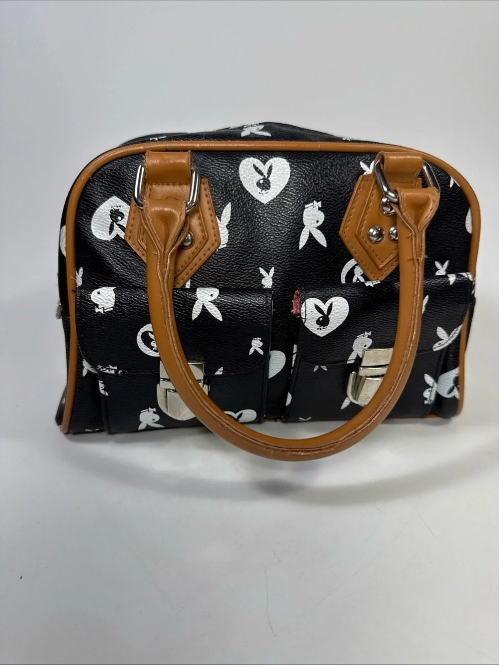 Vtg y2k Playboy Black and Tan Printed Satchel Bag pink interior - Picture 4 of 16